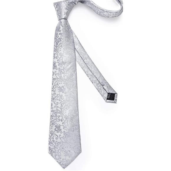 Silk Tie Woven Handkerchief Men's Necktie and Lapel Pin Brooch Set 05 Silver - Picture 4 of 6